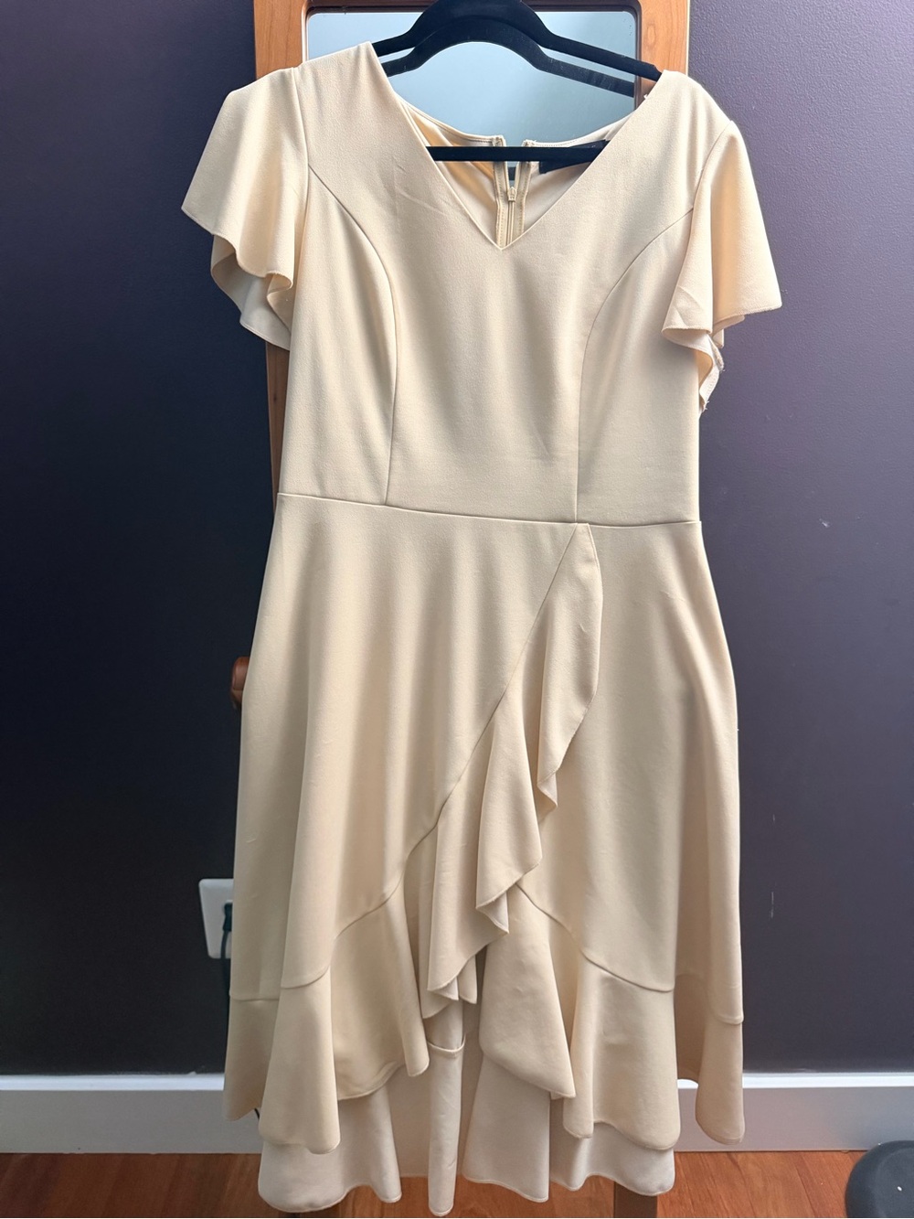 V-Neck Ruffle High-Low Dress in Beige - Picture 7 of 7